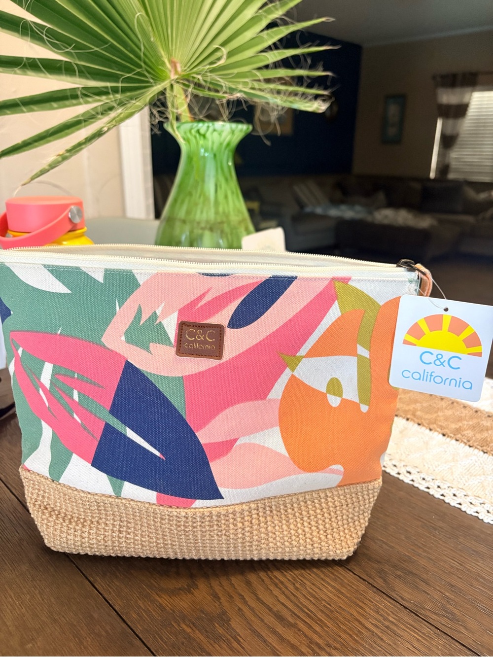 C&C California Coral, Navy & Green Tropical Canvas Makeup Bag NWT